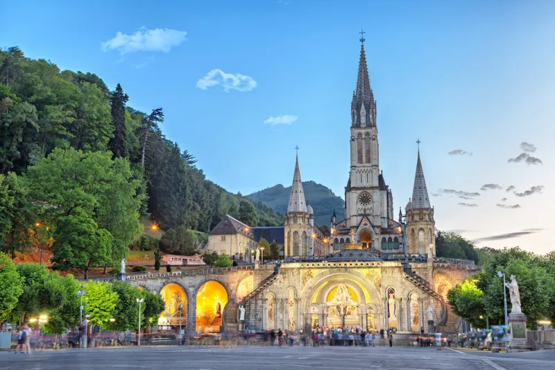 rosary basilica in the evening, lourdes, hautes-pyrenees, france