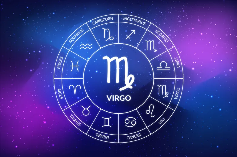 virgo zodiac sign abstract night sky background virgo icon on blue space background zodiac circle on a dark blue background of the space astrological forecast