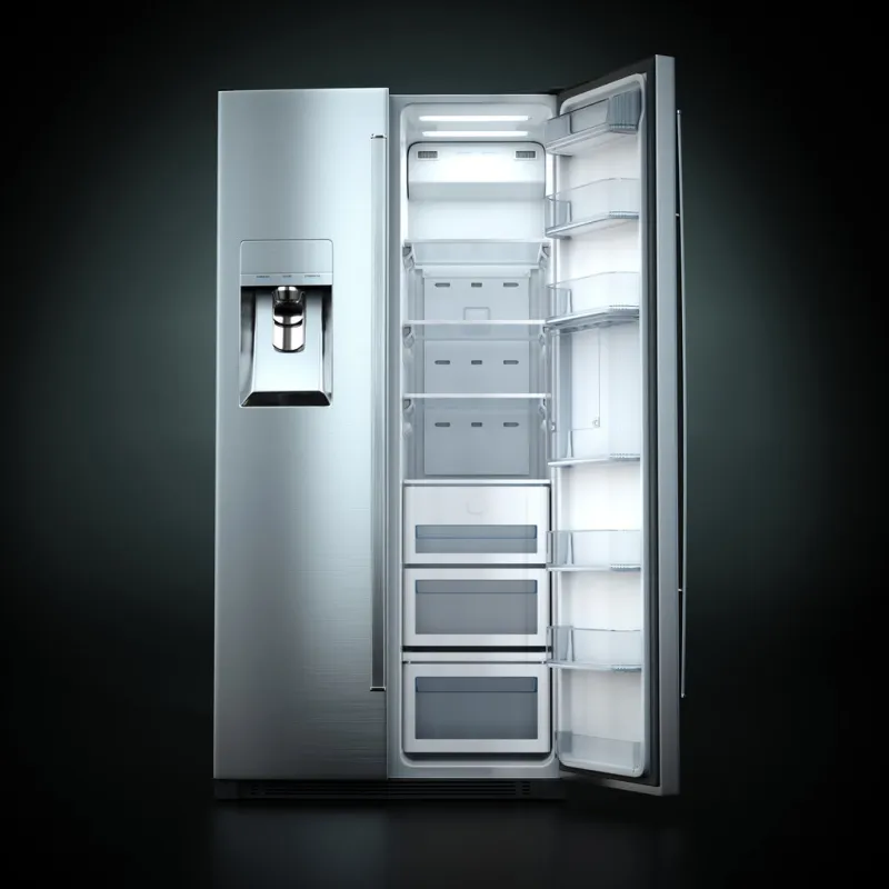 3d rendering big fridge on a dark background with an open door
