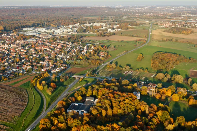 bruyères-le-châtel, france - october 30, 2015  city seen from the sky in autumn, ile-de-france région, france