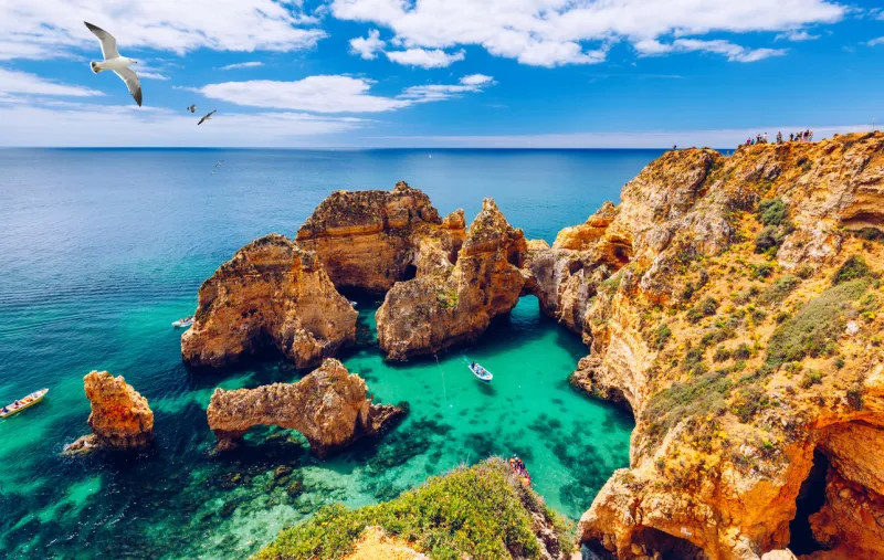 panoramic view, ponta da piedade with seagulls flying over rocks near lagos in algarve, portugal cliff rocks, seagulls and tourist boat on sea at ponta da piedade, algarve region, portugal