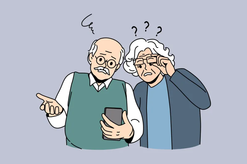 mature people and technologies concept frustrated elderly couple looking at smartphone using internet having problems with gadget vector illustration