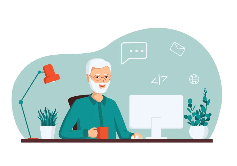 an elderly gray-haired smiling man sits at a computer the concept of remote work from home, distance learning, programming, freelance vector illustration in a flat style