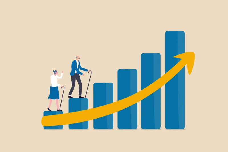 aging society, world population aging problem, workforce crisis by low birth rate compare to senior elderly or retiree increase, elderly senior couple walk up rising, increasing graph of aged citizen
