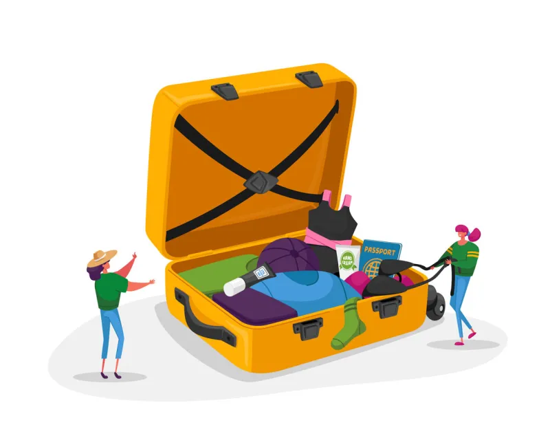 tiny female characters take out traveling clothes or accessories from huge suitcase after vacation trip, summer time leisure, journey experience, summertime leisure cartoon people vector illustration