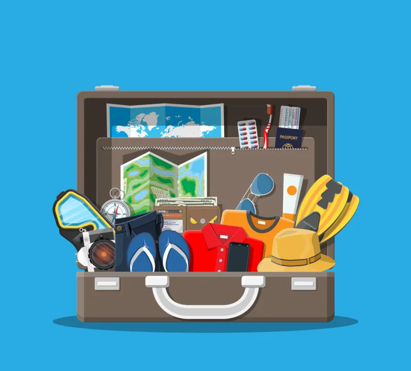 big travel set summer holiday, tourism and vacation items bag photo camera compass, wallet, map, scuba mask, flip flops, hat shirt, shorts, passport ticket wallet vector flat style