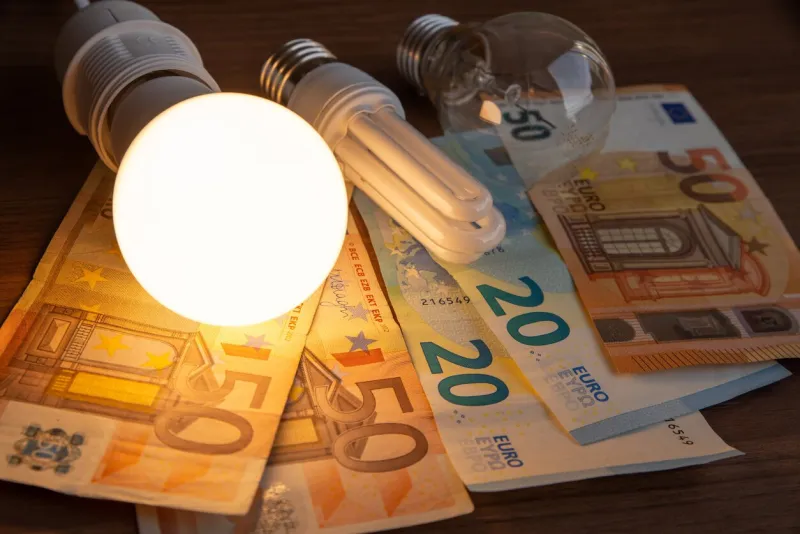 led bulb on, with fluorescent bulb and incandescent bulb, with bills and coins next to it energy costs and evolution of light bulbs