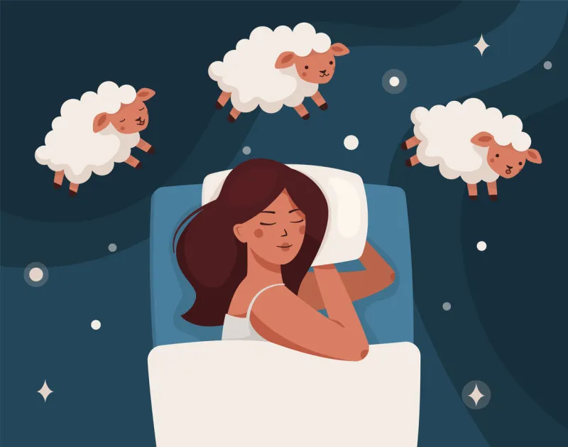 a woman falls asleep, dreams, and counts sheep insomnia and sleep disorders the girl is lying on the bed, lambs are jumping around around the stars and dark space flat vector illustration