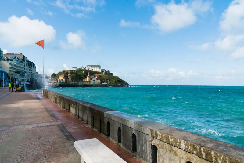 granville, manche   france - 18 august, 2019  view of the casino on the boardwalk in granville on the normandy coast