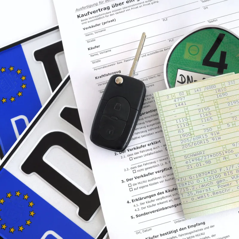 german license plates with contract, car keys and registration application