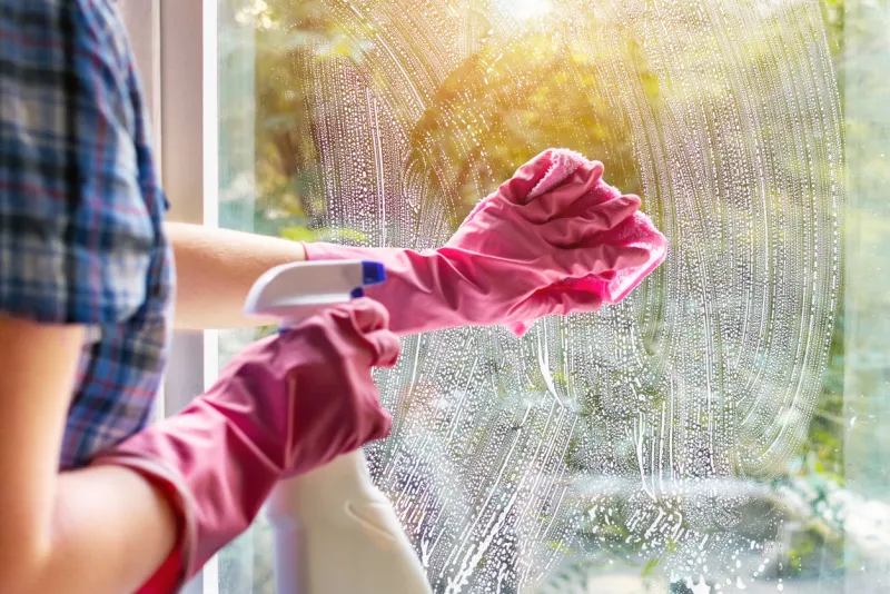 a woman clean a window pane with a rag and soap suds cleaning with a detergent hands in pink protective gloves washing glass on the windows of the house with a spray bottle, home routine concept