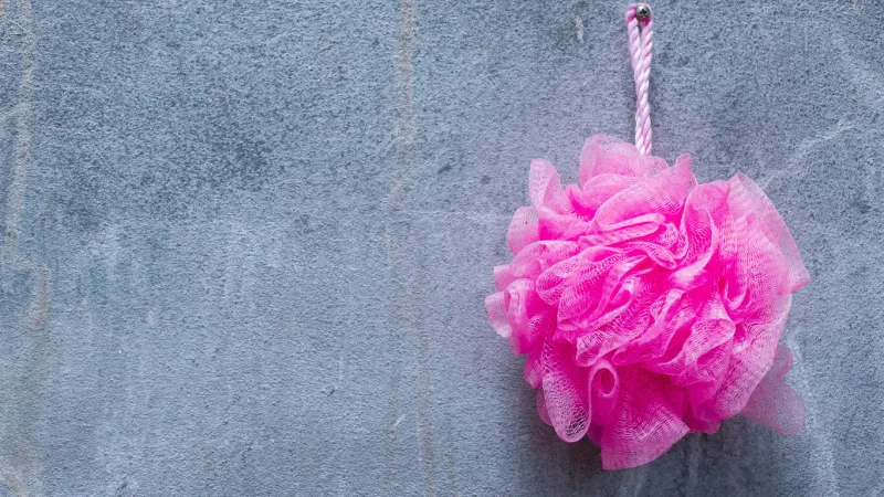 pink bath sponge at wall