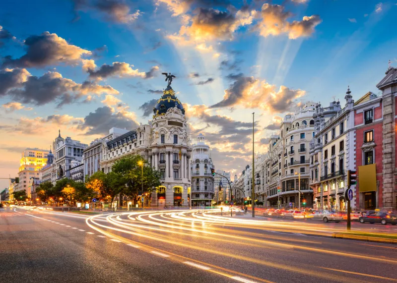 madrid, spain cityscape at calle de alcala and gran via