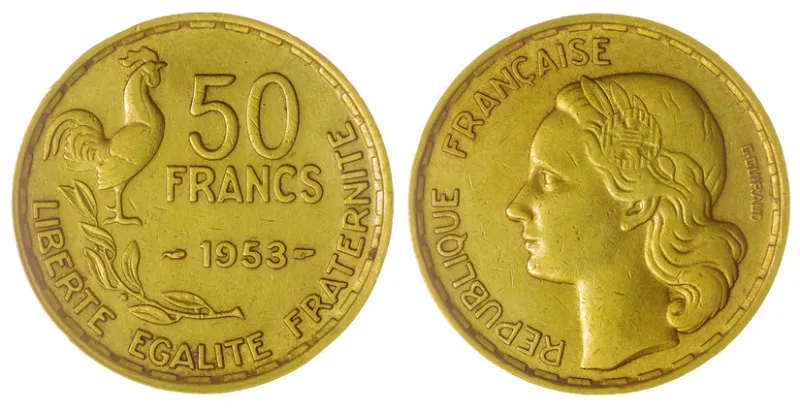 aluminum bronze 50 francs 1953 coin isolated on white background, france