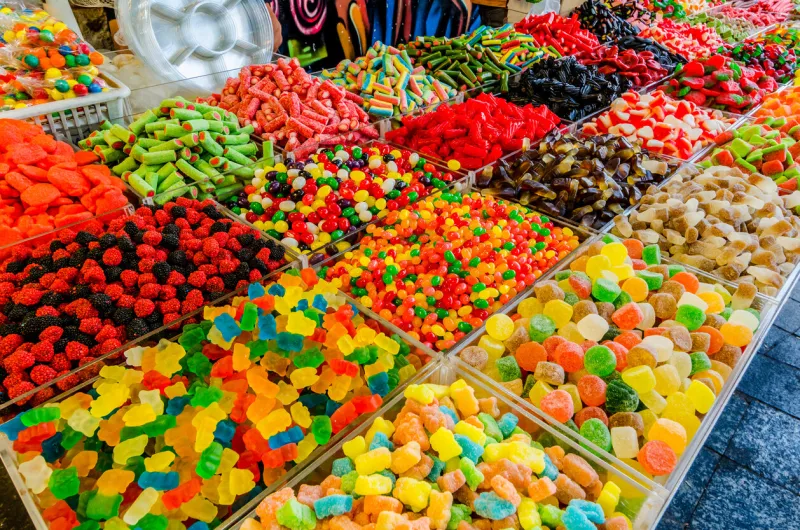 assorted candy for sale in the souk, also called the mahane yehuda market in jerusalem, israel