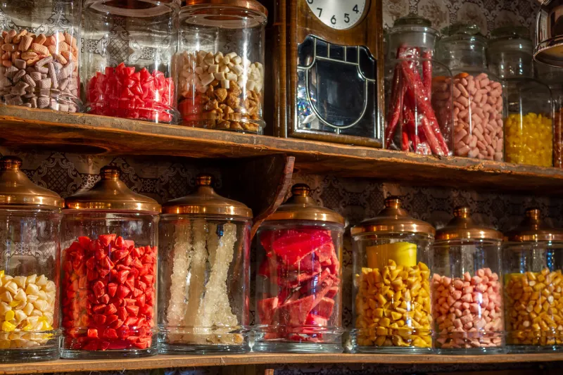 old candy store colorful candies in jars old fashioned retro style
