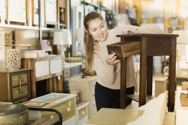 girl customer choosing bedside in the furniture shop before the buying