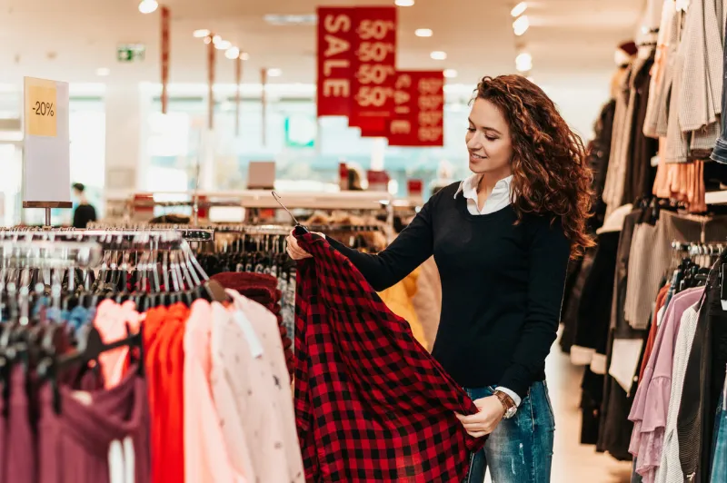 brunette female customer selecting basic garments at the store