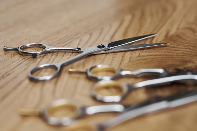 close up of professional scissors in hair salon