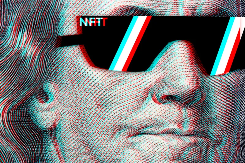 concept cryptographic nft on a hundred-dollar bill franklin in glasses