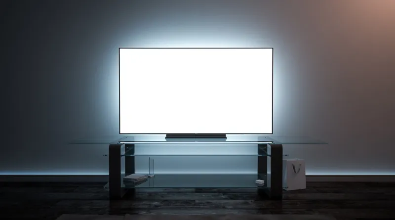 blank white tv screen interior in darkness mockup, front view, 3d rendering empty telly plasma display in living room mock up clear smart panel monitor on glass shelf template