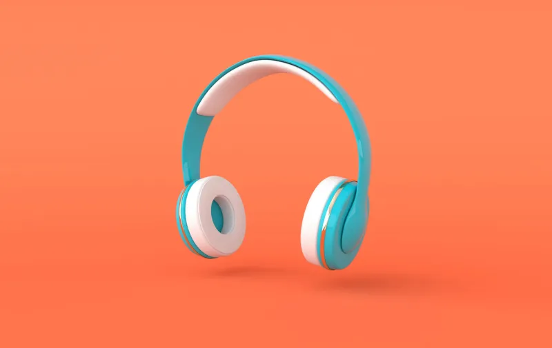 headphones realistic 3d render music lover minimalistic background with blue, white and golden wireless audio earphones