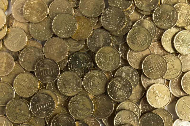 heap of euro coins overhead close up