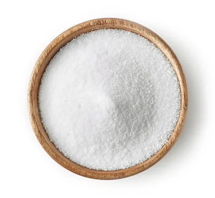 wooden bowl of salt isolated on white background, top view