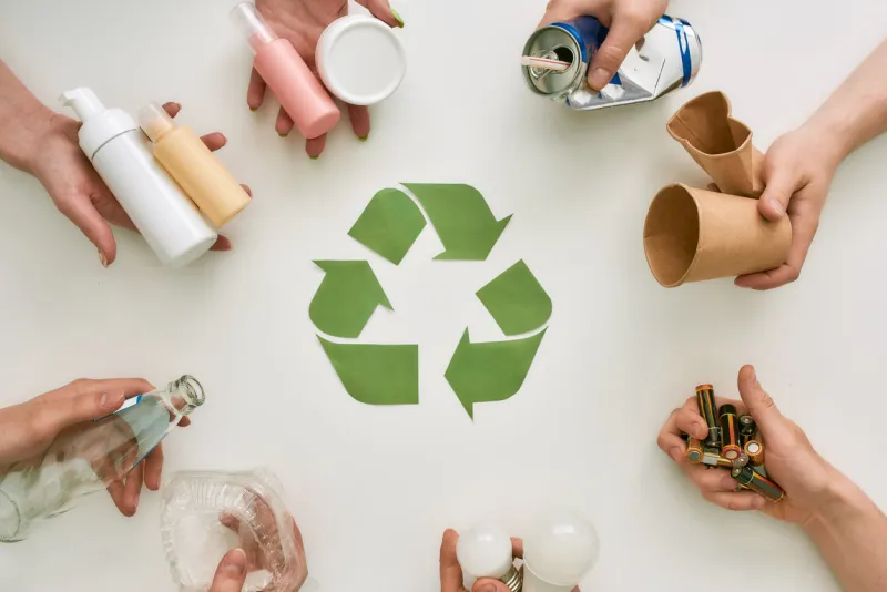 top view of many hands holding different waste, garbage types with recycling sign made of paper in the center over white background sorting, recycling waste concept horizontal shot top view