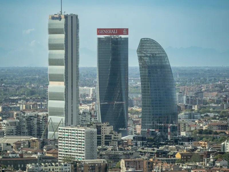 milano, italy amazing aerial view of the iconic generali, allianz and pwc towers at citylife district modern buildings