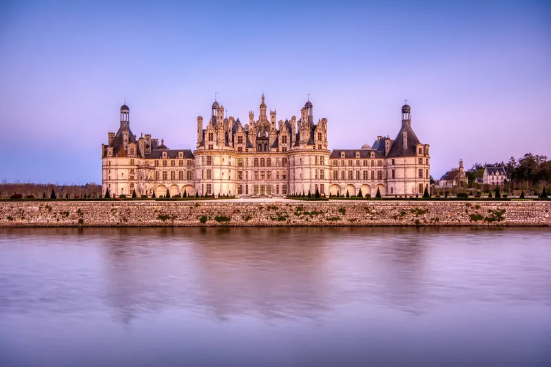 loire, france - april 14, 2019  the castle of chambord at sunset, castle of the loire, france chateau de chambord, the largest castle in the loire valley a unesco world heritage site in france
