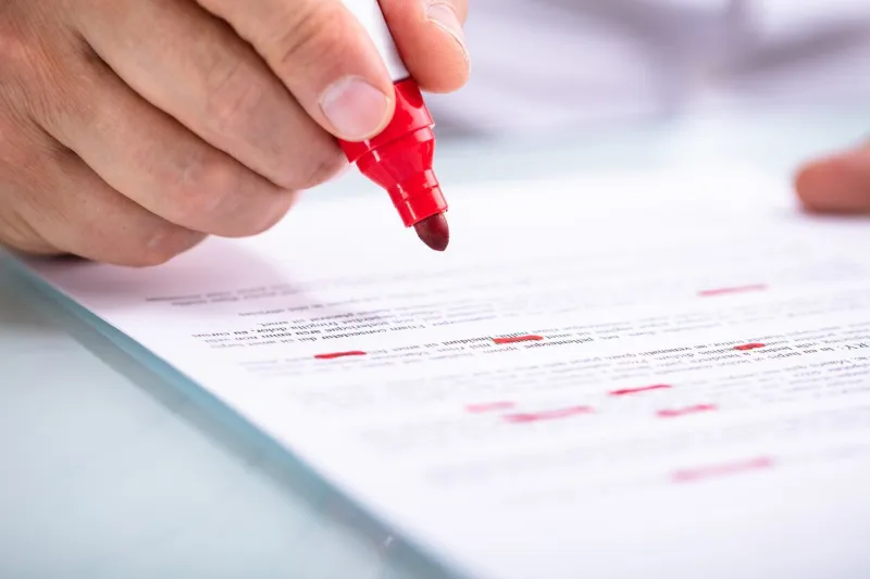 close-up of a businessperson's hand holding marker on document