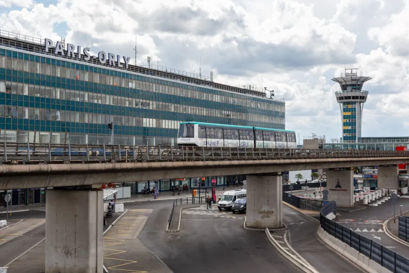 paris, france - june 4, 2022  terminal 4 sud and orlyval train at paris orly airport (ory) in france