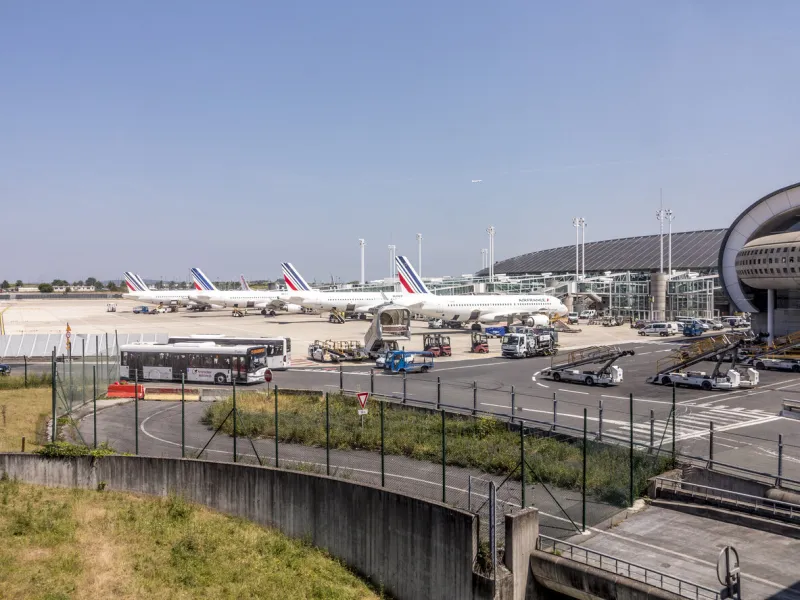 paris, france - june 11, 2015  air france aircraft parks at the new terminal of charles de gaulle airport in paris, france