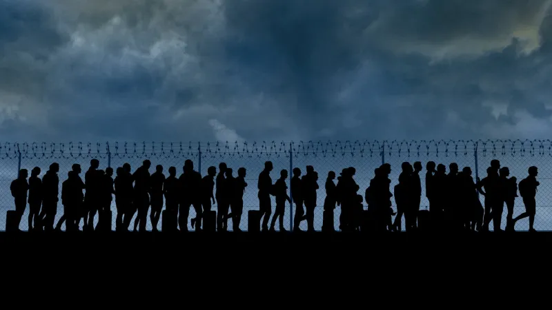 refugees and immigrants looking for a new life column of migrants near the state borders fence and barbed wire surveillance, supervised abandon their lands for a better future 3d render silhouette