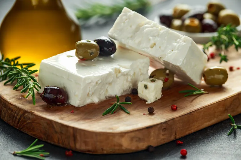 greek cheese feta with thyme, rosemary and olives