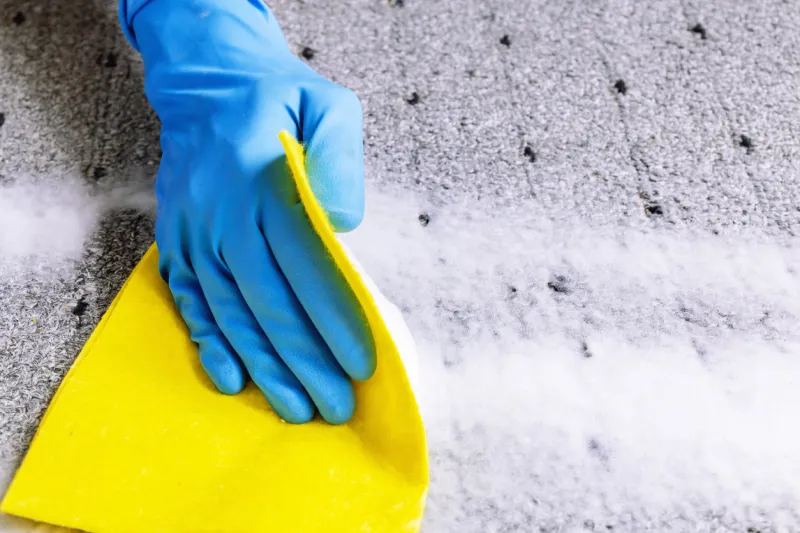 cleaning carpet foam, hand in blue gloves and yellow rags washes away foam from gray carpet copy space