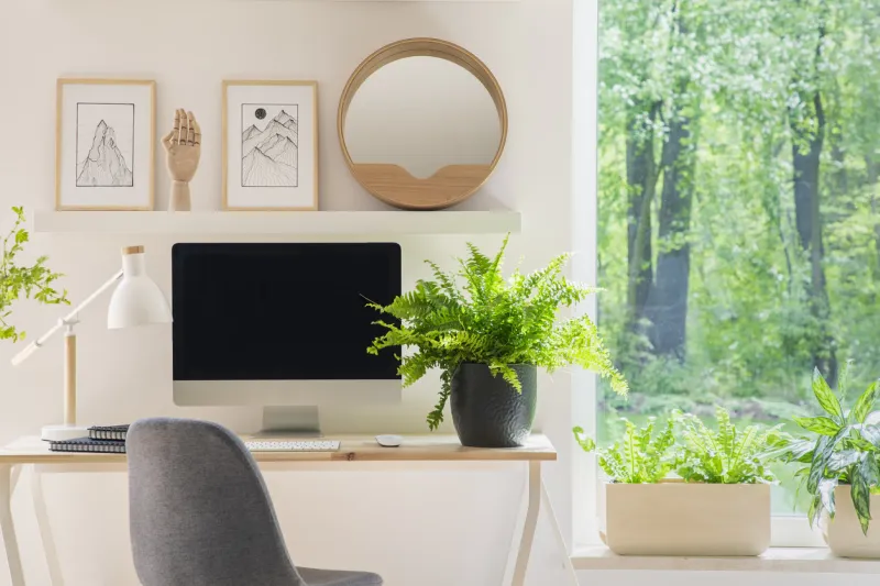 grey chair at desk with plant in bright home office interior with window and posters real photo