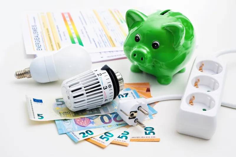energy cost, saving energy concept piggy bank with money, plug, bulb and radiator thermostat on white background