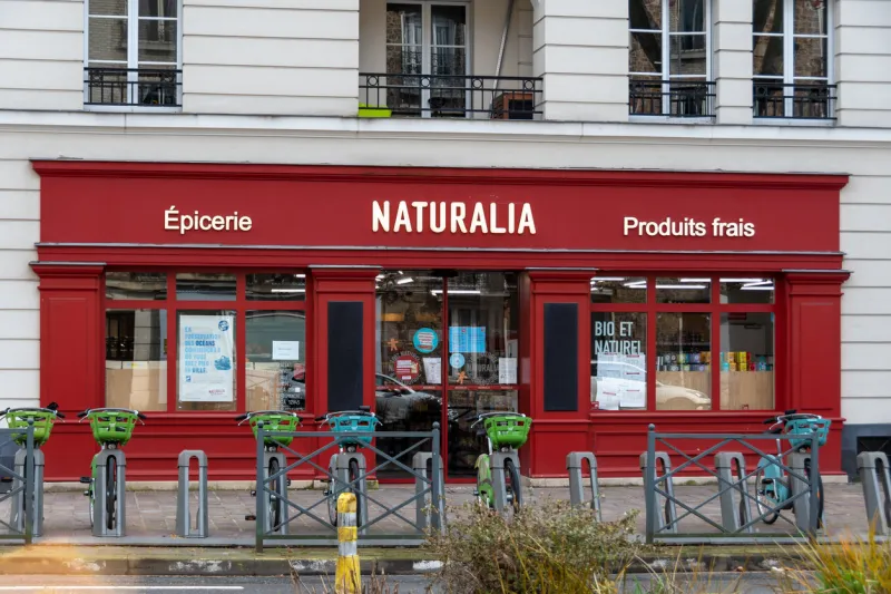 chaville, france - february 26, 2021  exterior view of a naturalia store, a brand specializing in the distribution of organic and fair trade products