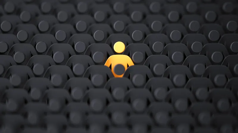 unique color yellow human shape among dark ones leadership, individuality and standing out of crowd concept 3d illustration