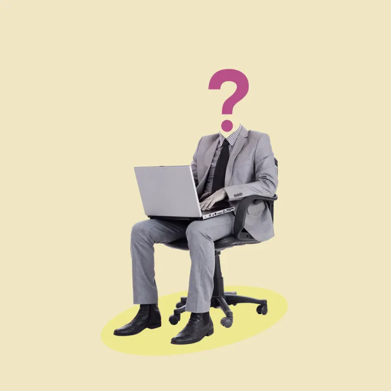 creative art collage of a man with a head shaped like a question mark sitting on an office chair with a laptop concept of business, ideas, professionalism and success copy space