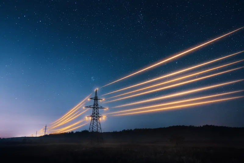 electricity transmission towers with orange glowing wires the starry night sky energy infrastructure concept