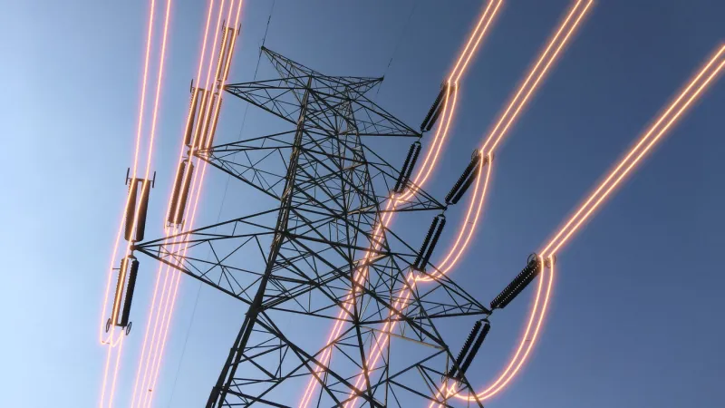 electricity transmission towers with glowing wires