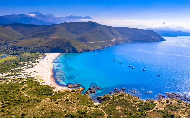 aerial view over ostriconi beach on north east coast of corsica island near ile rousse, calvi, france