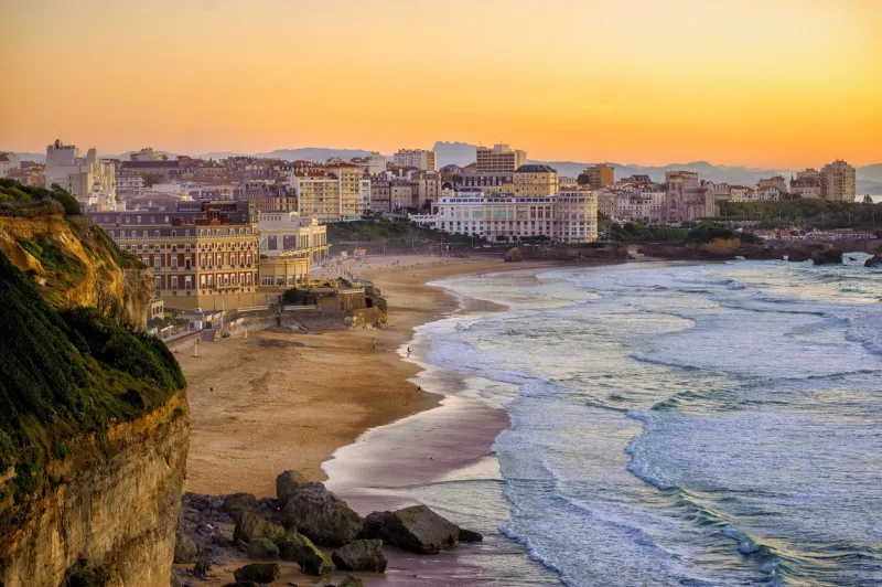 biarritz city and its famous sand beaches - miramar and la grande plage, bay of biscay, atlantic coast, france