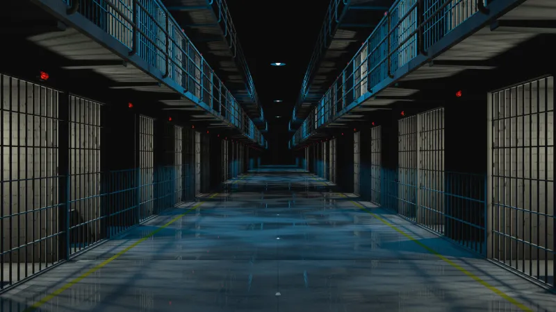 inside prison corridor at night cells with lights on and wet floor 3d rendering