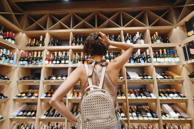 back view puzzled young woman 20s wear casual clothes shopping at supermaket grocery store buy choosing wine alcohol bottle scratch head inside hypermarket people purchasing gastronomy food concept