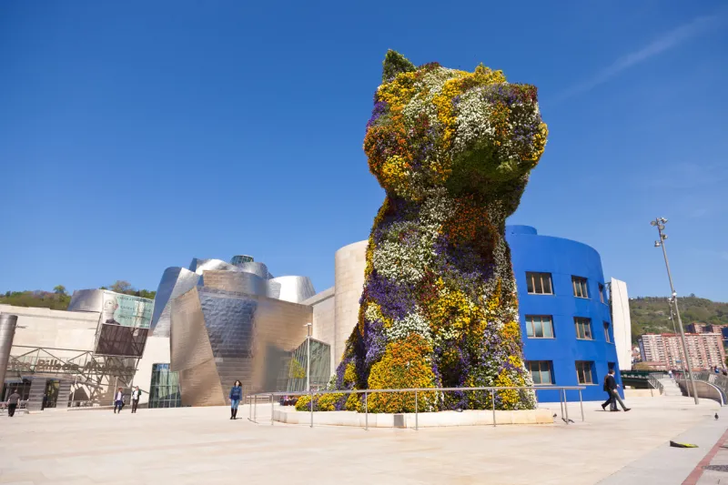 puppy, floral sculpture in bilbao, spain