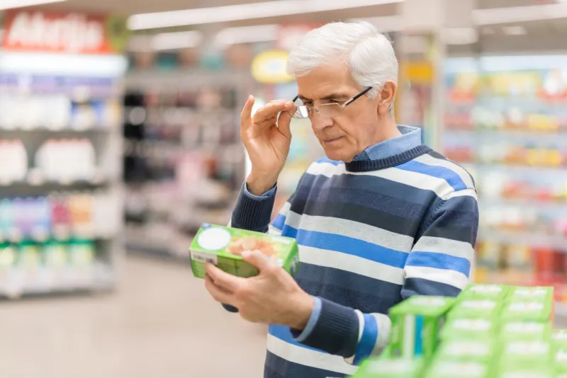 elderly man shopping in local supermarket he is holding box and reading nutrition label